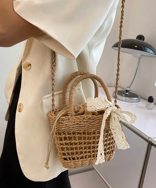 shopnikoniko（ショップニコニコ）の「かごバッグ ショルダーバッグ ミニ 刺繍レースリボン付き ストロー編みバッグ（かごバッグ・レディース・ベージュ/アイボリー・フリー）」の9枚目の写真