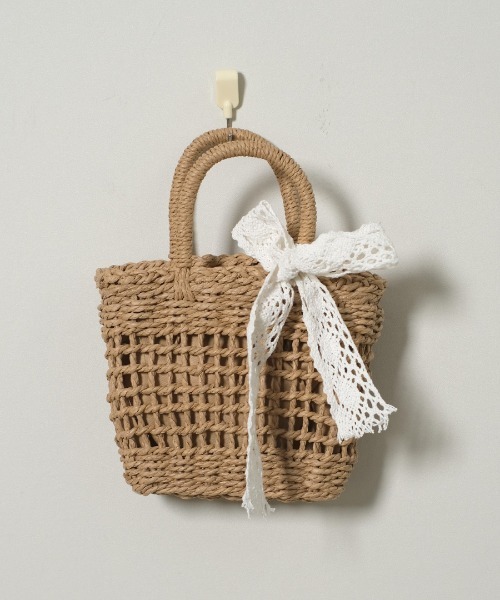 shopnikoniko（ショップニコニコ）の「かごバッグ ショルダーバッグ ミニ 刺繍レースリボン付き ストロー編みバッグ（かごバッグ・レディース・ベージュ/アイボリー・フリー）」の12枚目の写真