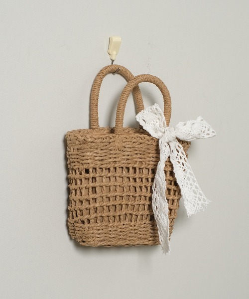 shopnikoniko（ショップニコニコ）の「かごバッグ ショルダーバッグ ミニ 刺繍レースリボン付き ストロー編みバッグ（かごバッグ・レディース・ベージュ/アイボリー・フリー）」の13枚目の写真