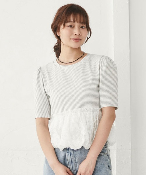 archives(アルシーヴ)の「ストライプアソートレースドッキングバルーンTOPS(Tシャツ/カットソー・レディース・ネイビー×ホワイト/ホワイト×グレー/ホワイト×ブラック/ブラック・MEDIUM)」の2枚目の写真