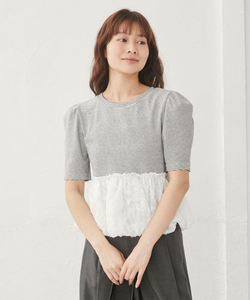 archives(アルシーヴ)の「ストライプアソートレースドッキングバルーンTOPS(Tシャツ/カットソー・レディース・ネイビー×ホワイト/ホワイト×グレー/ホワイト×ブラック/ブラック・MEDIUM)」の3枚目の写真