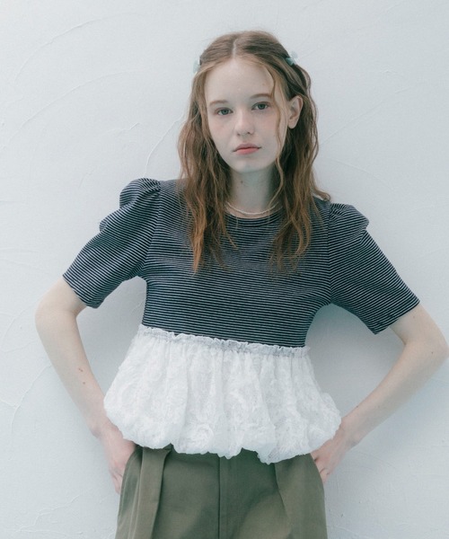 archives(アルシーヴ)の「ストライプアソートレースドッキングバルーンTOPS(Tシャツ/カットソー・レディース・ネイビー×ホワイト/ホワイト×グレー/ホワイト×ブラック/ブラック・MEDIUM)」の4枚目の写真