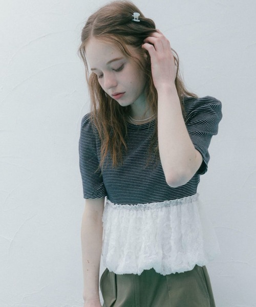 archives(アルシーヴ)の「ストライプアソートレースドッキングバルーンTOPS(Tシャツ/カットソー・レディース・ネイビー×ホワイト/ホワイト×グレー/ホワイト×ブラック/ブラック・MEDIUM)」の7枚目の写真