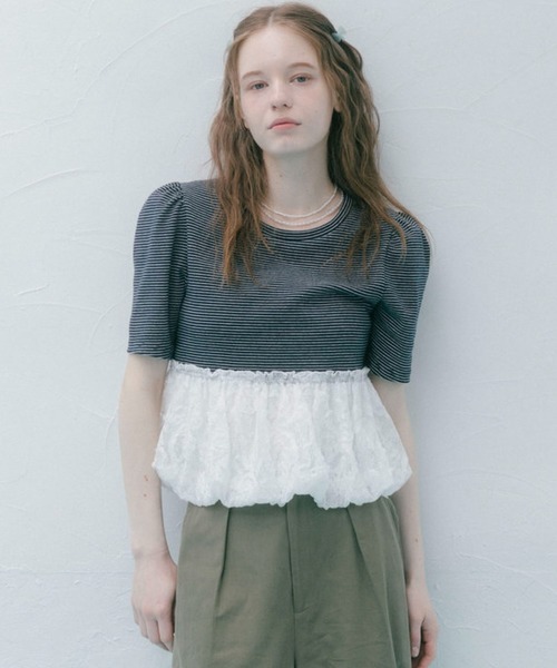archives(アルシーヴ)の「ストライプアソートレースドッキングバルーンTOPS(Tシャツ/カットソー・レディース・ネイビー×ホワイト/ホワイト×グレー/ホワイト×ブラック/ブラック・MEDIUM)」の12枚目の写真