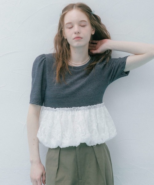 archives(アルシーヴ)の「ストライプアソートレースドッキングバルーンTOPS(Tシャツ/カットソー・レディース・ネイビー×ホワイト/ホワイト×グレー/ホワイト×ブラック/ブラック・MEDIUM)」の6枚目の写真