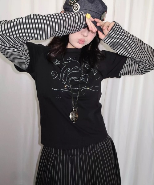 almo（アルモ）の「【LAMPOON】ラインストーンレイヤードＴ（Tシャツ/カットソー・レディース・パープル/ブラック・LARGE/MEDIUM/SMALL）」の7枚目の写真