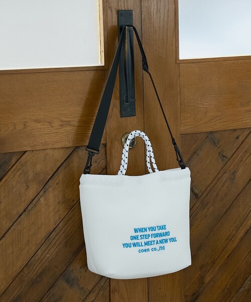 coen(コーエン)の「ロゴ刺繍 メッシュパフ2wayショルダーバッグ(Mサイズ)(ショルダーバッグ・レディース・ベージュ/ブラック/ライトブルー/オフホワイト・FREE)」の1枚目の写真