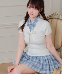 Anely チェック柄 リボン レイヤード プリーツ ミニ ワンピース