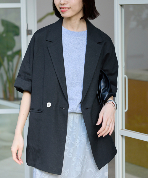 SLOBE IENA(スローブイエナ)の「《追加2》リネンレーヨンハーフスリーブジャケット(その他アウター・レディース・ブラック・38)」の2枚目の写真
