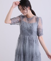 ロング&袖あり フォーマル レース シアー フラワー刺繍 バックリボン セレモニー 結婚式二次会 パーティードレス オケージョンドレス お呼ばれ 同窓会成人式