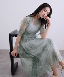 ロング&袖あり フォーマル レース シアー フラワー刺繍 バックリボン セレモニー 結婚式二次会 パーティードレス オケージョンドレス お呼ばれ 同窓会成人式