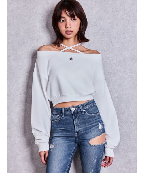 GYDA（ジェイダ）の「フロントクロスストラップオフショルショートスウェットトップス（スウェット・レディース・チャコールグレー/ブラック/オフホワイト・FREE）」の5枚目の写真