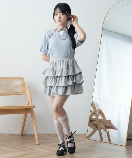 WEGO（ウィゴー）の「WEGO/パフスリーブチョーカーT（Tシャツ/カットソー・レディース・チャコール/サックスブルー・FREE）」の4枚目の写真