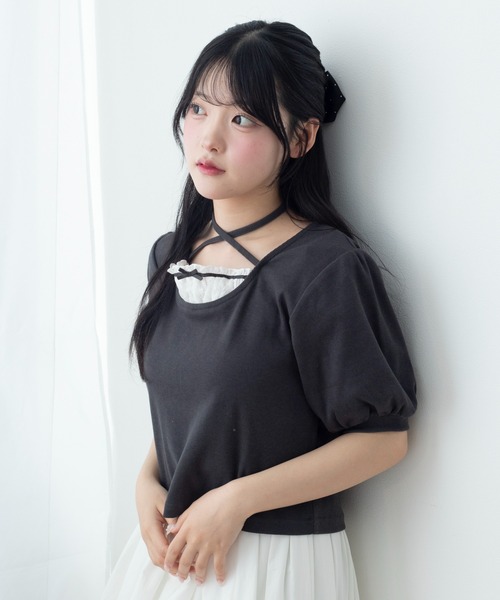 WEGO（ウィゴー）の「WEGO/パフスリーブチョーカーT（Tシャツ/カットソー・レディース・チャコール/サックスブルー・FREE）」の10枚目の写真