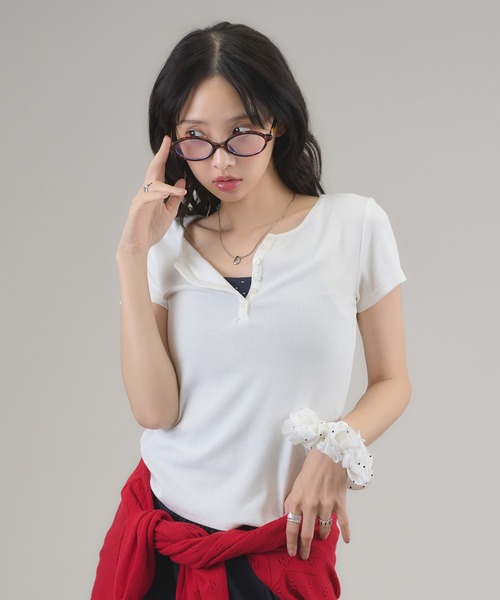 apres jour mignon（アプレジュールミニョン）の「ヘンリーリブTトップス（Tシャツ/カットソー・レディース・ネイビー/杢グレー/ホワイト系その他/ブルー/ブラウン系その他/オフホワイト/レッド・LARGE/フリー）」の12枚目の写真