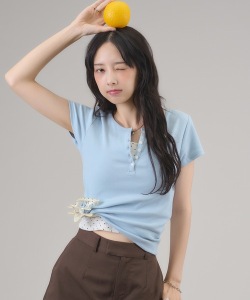 apres jour mignon（アプレジュールミニョン）の「ヘンリーリブTトップス（Tシャツ/カットソー・レディース・ネイビー/杢グレー/ホワイト系その他/ブルー/ブラウン系その他/オフホワイト/レッド・LARGE/フリー）」の11枚目の写真