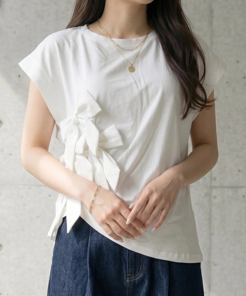 deux amour(ドゥーザムール)の「リボン付きtシャツ(Tシャツ/カットソー・レディース・ブラック/ホワイト・M~L)」の5枚目の写真