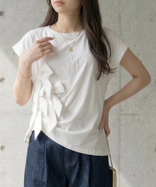 deux amour(ドゥーザムール)の「リボン付きtシャツ(Tシャツ/カットソー・レディース・ブラック/ホワイト・M~L)」の6枚目の写真