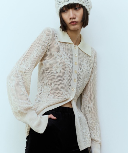 flaeu(フラユ)の「Floral Lace Knit Cardigan(カーディガン/ボレロ・レディース・ホワイト/ブラウン/ブラック・FREE)」の1枚目の写真