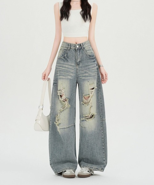 LUCPY(ラクピー)の「ダメージウォッシュワイドデニムパンツ(デニムパンツ・レディース・ブルー・LARGE/MEDIUM/SMALL/X-LARGE)」の3枚目の写真