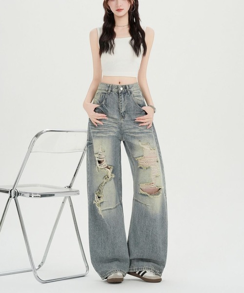LUCPY(ラクピー)の「ダメージウォッシュワイドデニムパンツ(デニムパンツ・レディース・ブルー・LARGE/MEDIUM/SMALL/X-LARGE)」の4枚目の写真