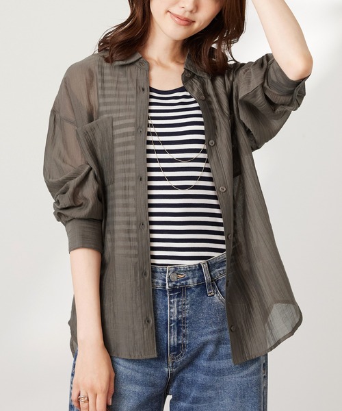 BELLUNA PLUS（ベルーナ）の「ほどよい透け感！シアー楊柳エアリーシャツ（シャツ/ブラウス・レディース・ブラウン/アイボリー/オレンジ・LARGE/MEDIUM/X-LARGE）」の12枚目の写真