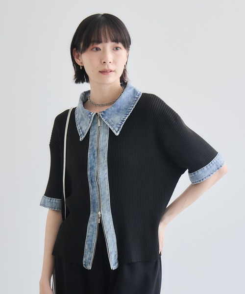 Paradise Picnic(パラダイスピクニック)の「デニム切替Wジップリブニット(ニット/セーター・レディース・グレー/ブラック/アイボリー・FREE)」の1枚目の写真