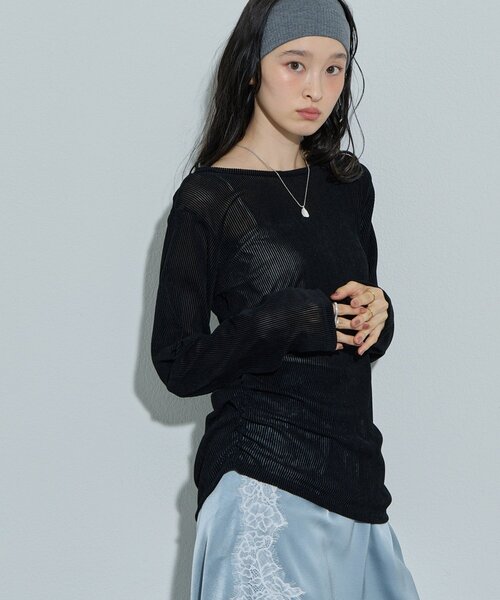 DISCOAT(ディスコート)の「【Noka】フロッキーメッシュサイドギャザープルオーバー《WEB限定》(Tシャツ/カットソー・レディース・ブラウン/ブラック/オフホワイト・FREE)」の1枚目の写真