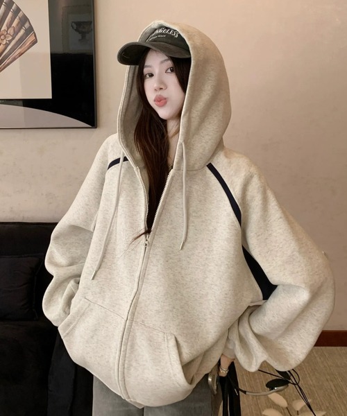 Teem Store(チームストア)の「ショルダーパイピングライン ジップパーカー(パーカー・レディース・グレー・M)」の5枚目の写真