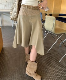 ウエストチェック切り替えアシメフレアスカート