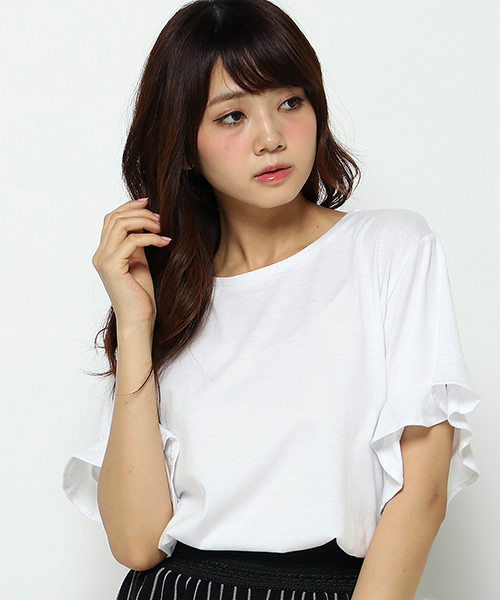 VENCEEXCHANGE(ヴァンスエクスチェンジ)の「フリルスリーブTシャツ (Tシャツ/カットソー・レディース・ブラック/レンガ/オフホワイト/グレー・MEDIUM)」の1枚目の写真