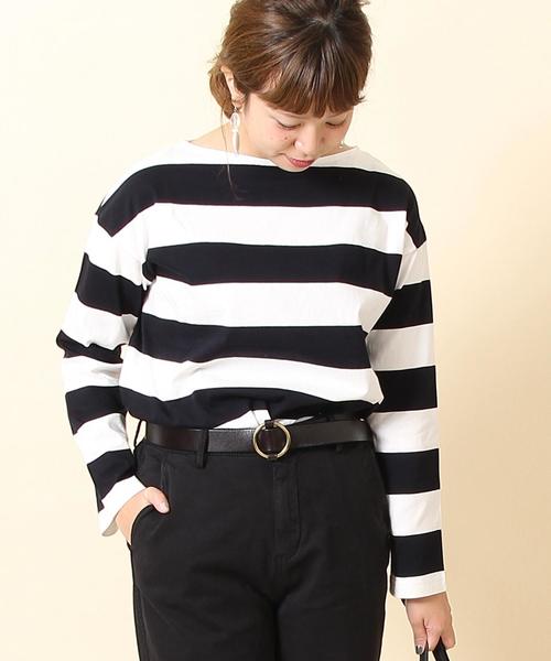 coen（コーエン）の「【新色:ベージュ/ネイビー登場・大人気・復刻】ワイドボーダーボートネックカットソー（ブラック、ライトブルー⇒WEB限定カラー（Tシャツ/カットソー・レディース・ブラック/ブラウン/ダークグリーン/ライトブルー/ネイビー/ベージュ・MEDIUM/LARGE）」の6枚目の写真