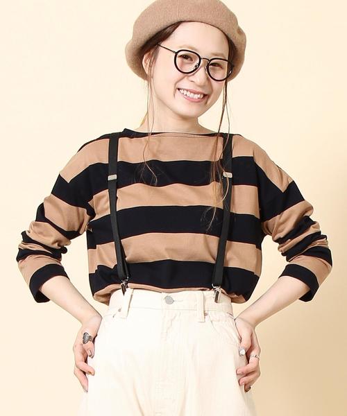 coen（コーエン）の「【新色:ベージュ/ネイビー登場・大人気・復刻】ワイドボーダーボートネックカットソー（ブラック、ライトブルー⇒WEB限定カラー（Tシャツ/カットソー・レディース・ブラック/ブラウン/ダークグリーン/ライトブルー/ネイビー/ベージュ・MEDIUM/LARGE）」の3枚目の写真