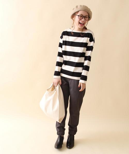 coen（コーエン）の「【新色:ベージュ/ネイビー登場・大人気・復刻】ワイドボーダーボートネックカットソー（ブラック、ライトブルー⇒WEB限定カラー（Tシャツ/カットソー・レディース・ブラック/ブラウン/ダークグリーン/ライトブルー/ネイビー/ベージュ・MEDIUM/LARGE）」の10枚目の写真