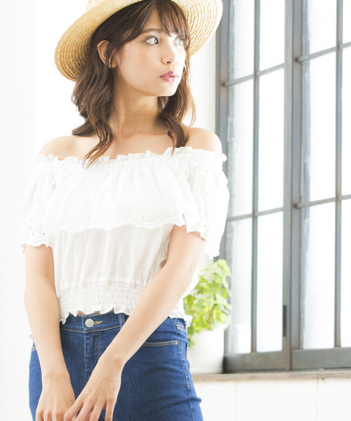 WEGO(ウィゴー)の「WEGO/スカラップコットンレースフリルオフショルブラウス(シャツ/ブラウス)」|ホワイト