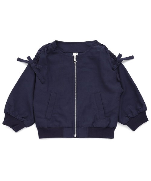 apres les cours(アプレレクール)の「肩シャーリングリボンジャケット(ノーカラージャケット・キッズ・ネイビー/カーキ・90/100/110/120/80/130/140)」の2枚目の写真