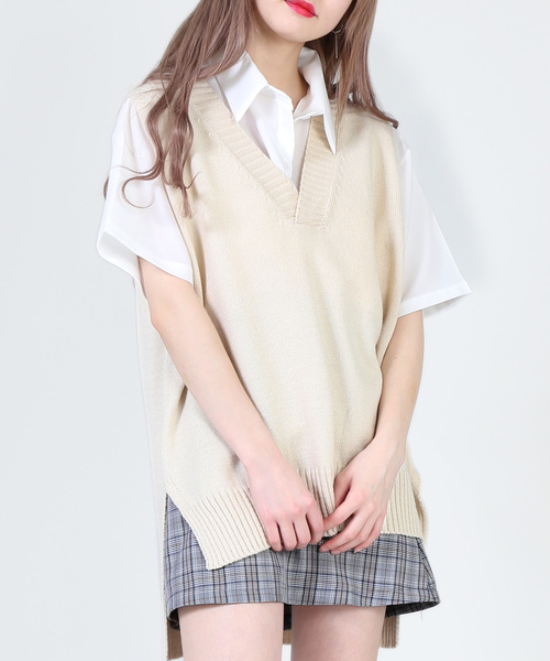 DING（ディング）の「DING/ビッグニットベスト（ベスト・レディース・ホワイト/ブラック/ピンク・FREE）」の2枚目の写真