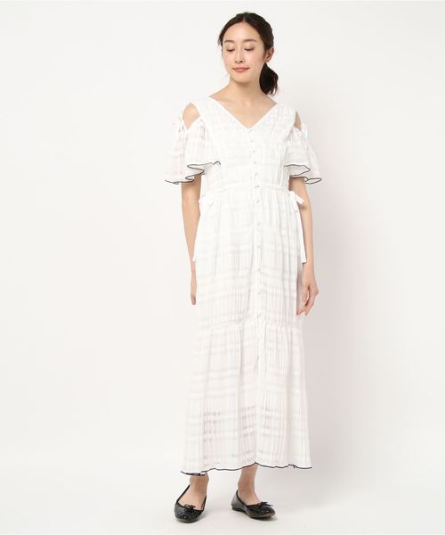 Bleu ランバンオンブルー のファッション Lanvin En ワンピース Lanvin ワンピース シャドーチェックオープンショルダーワンピース ワンピース