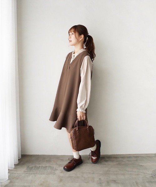 moi tytto（モイテュット）の「マーメイドジャンパースカート【低身長さん向け(S)サイズあり/リボンタイセット】（ワンピース・レディース・ブラック/モカ/チェック・SMALL/MEDIUM）」の4枚目の写真