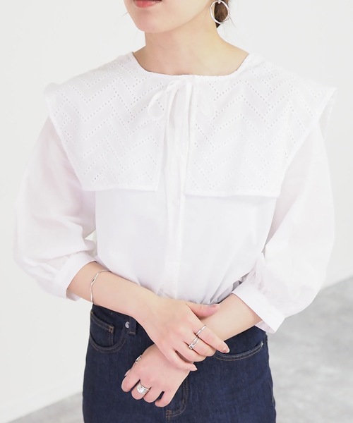 Riberry(リベリー)の「ビックカラー7分袖ブラウス/セーラーカラーシャツ(シャツ/ブラウス・レディース・ブラック/オフホワイト/グレイッシュベージュ・MEDIUM)」の10枚目の写真