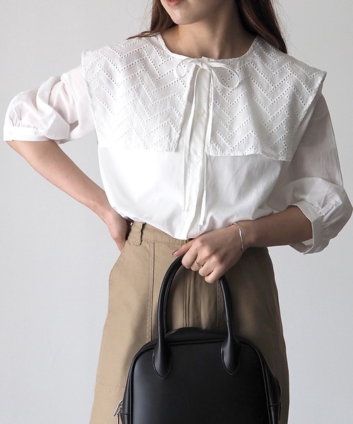 Riberry(リベリー)の「ビックカラー7分袖ブラウス/セーラーカラーシャツ(シャツ/ブラウス・レディース・ブラック/オフホワイト/グレイッシュベージュ・MEDIUM)」の18枚目の写真