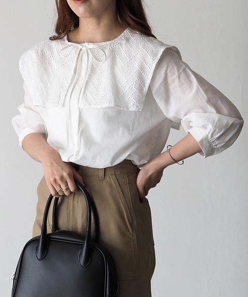 Riberry(リベリー)の「ビックカラー7分袖ブラウス/セーラーカラーシャツ(シャツ/ブラウス・レディース・ブラック/オフホワイト/グレイッシュベージュ・MEDIUM)」の19枚目の写真