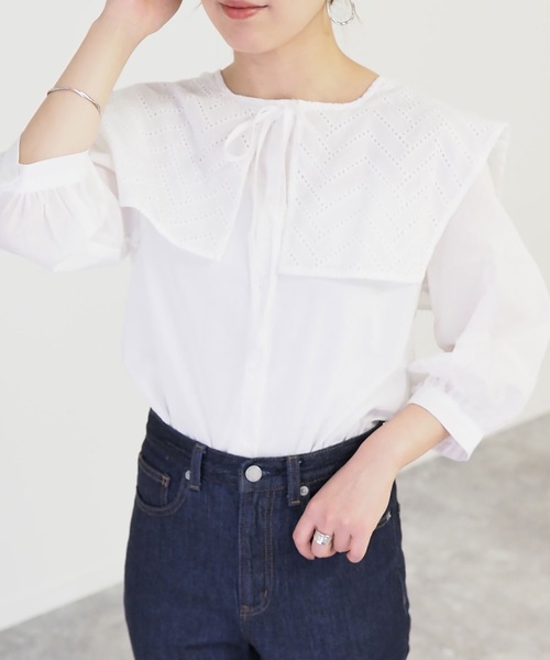 Riberry(リベリー)の「ビックカラー7分袖ブラウス/セーラーカラーシャツ(シャツ/ブラウス・レディース・ブラック/オフホワイト/グレイッシュベージュ・MEDIUM)」の22枚目の写真