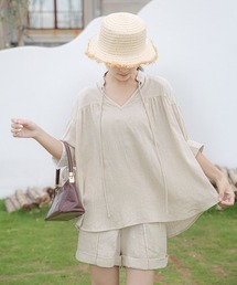 Jewelobe | スタンドカラーリボンギャザーチュニック(シャツ/ブラウス)