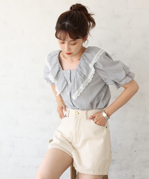 NIKKE」 ウール ストライプ フリル ブラウス シャツ ブラウス 127401