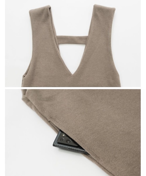 Re:EDIT（リエディ）の「[低身長サイズ有]軽くて暖かいリサイクルストレッチ起毛圧縮ニットソー深Vネックジャンパースカート（ジャンパースカート・レディース・ブラック/パープル/ブルー/ベージュ/グレー系その他・SHORT/MEDIUM/LARGE）」の15枚目の写真