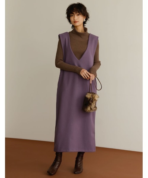 Re:EDIT（リエディ）の「[低身長サイズ有]軽くて暖かいリサイクルストレッチ起毛圧縮ニットソー深Vネックジャンパースカート（ジャンパースカート・レディース・ブラック/パープル/ブルー/ベージュ/グレー系その他・SHORT/MEDIUM/LARGE）」の12枚目の写真