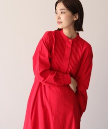 ピンタックデザイン バンドカラー ソフトツイル ワンピース