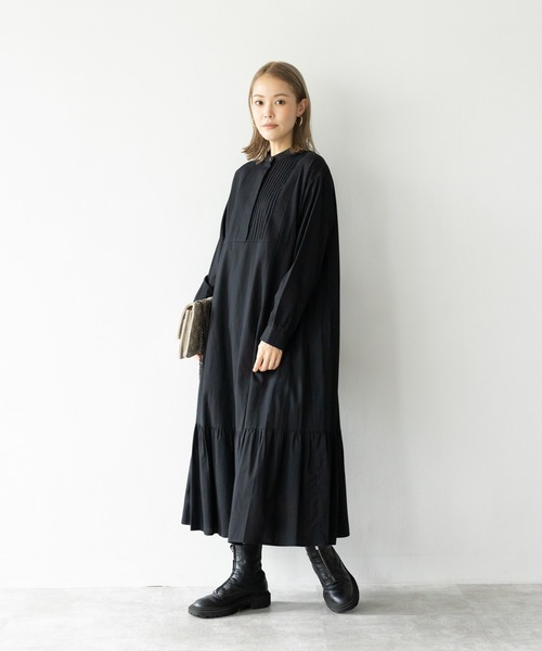 HERENCIA（ヘレンチア）の「ピンタックデザイン バンドカラー ソフトツイル ワンピース（ドレス・レディース・ブラック/レッド/オフホワイト/ミント/マスタード・MEDIUM）」の16枚目の写真