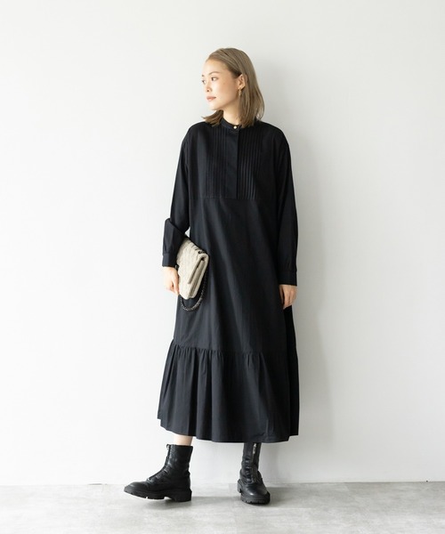 HERENCIA（ヘレンチア）の「ピンタックデザイン バンドカラー ソフトツイル ワンピース（ドレス・レディース・ブラック/レッド/オフホワイト/ミント/マスタード・MEDIUM）」の15枚目の写真